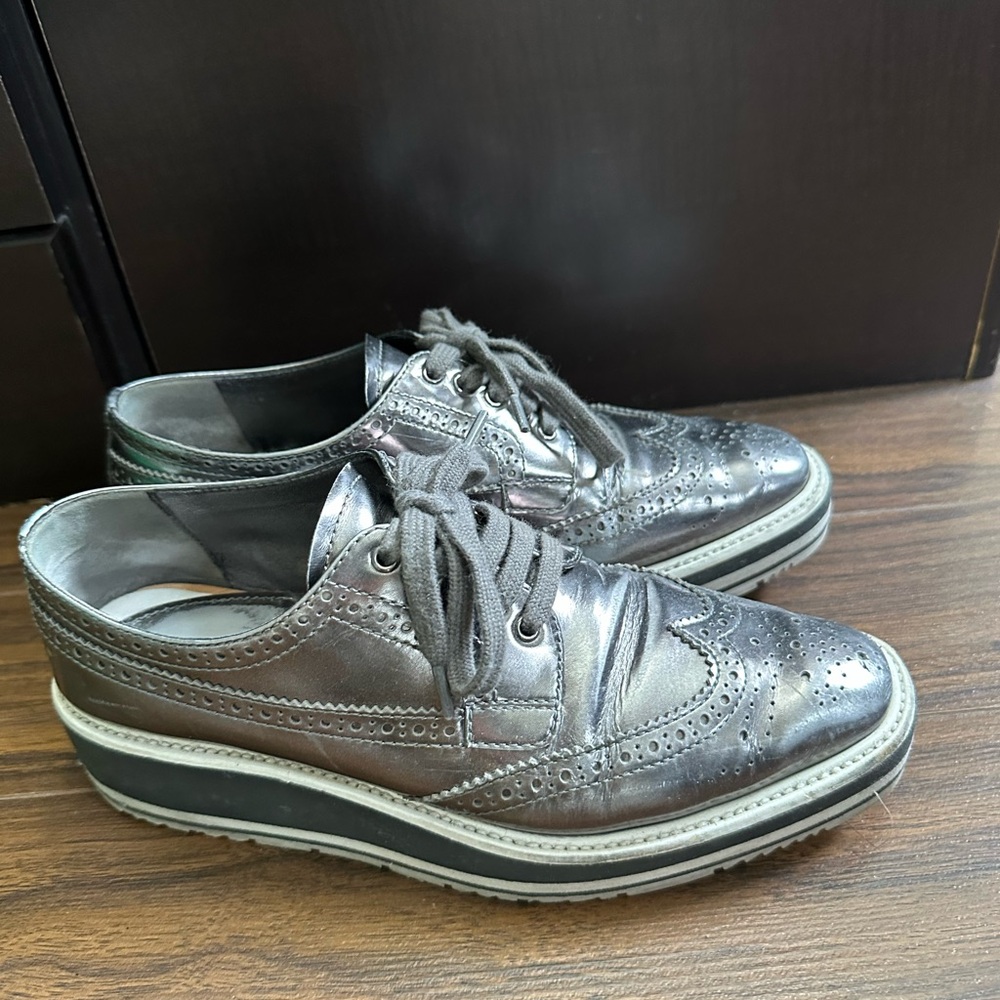 Prada Women’s Silver Derby Brogue Oxford Platform Shoes